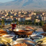 Iğdır kahvaltı mekanları nın birinde sunulan kahvaltı masası ve Iğdır manzarası