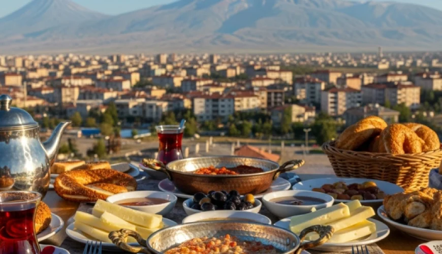 Iğdır kahvaltı mekanları nın birinde sunulan kahvaltı masası ve Iğdır manzarası