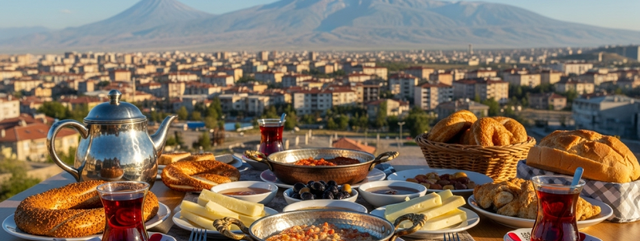 Iğdır kahvaltı mekanları nın birinde sunulan kahvaltı masası ve Iğdır manzarası