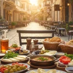 Lefkoşa'nın keyifli kahvaltı mekanlarından birinde, sokakta kurulan kahvaltı masası.