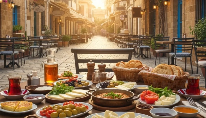 Lefkoşa'nın keyifli kahvaltı mekanlarından birinde, sokakta kurulan kahvaltı masası.