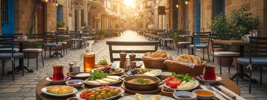 Lefkoşa'nın keyifli kahvaltı mekanlarından birinde, sokakta kurulan kahvaltı masası.